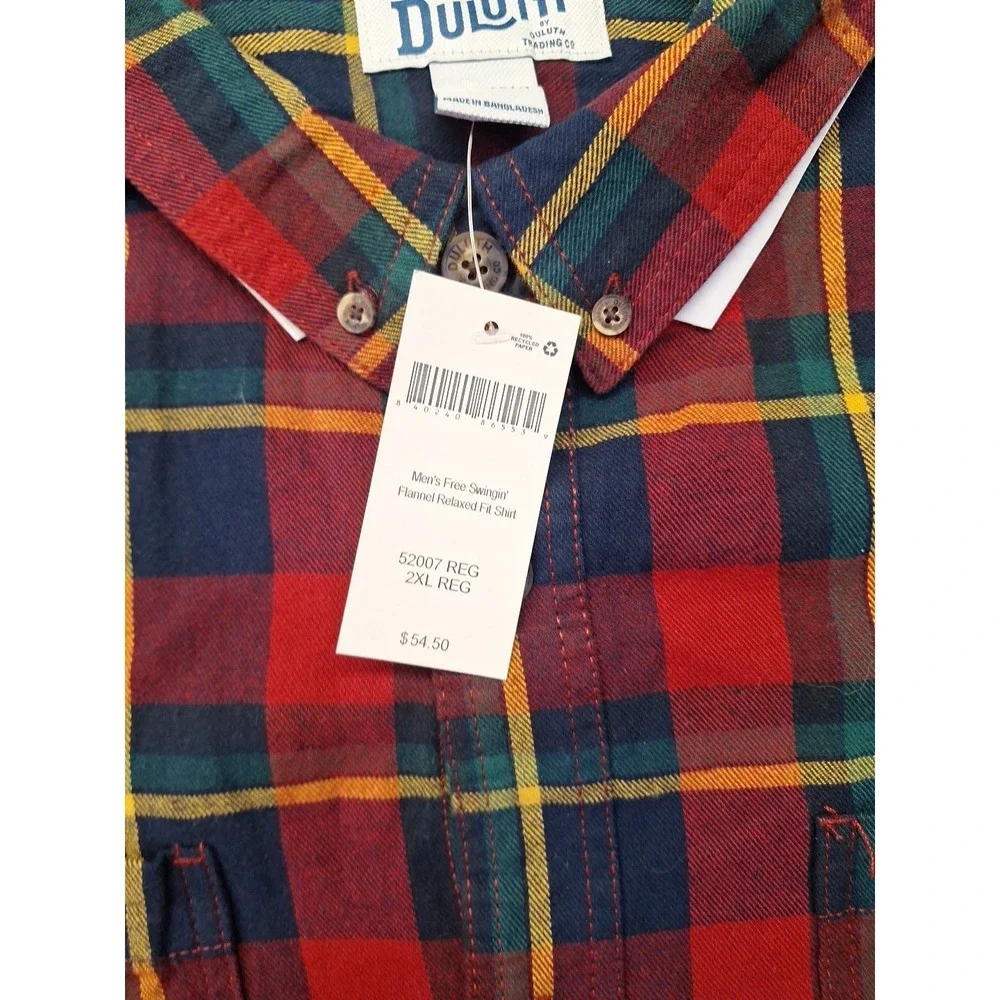 New Duluth Trading Mens 2XL Free Swinging Flannel Plaid Red Green Outdoor Hiking